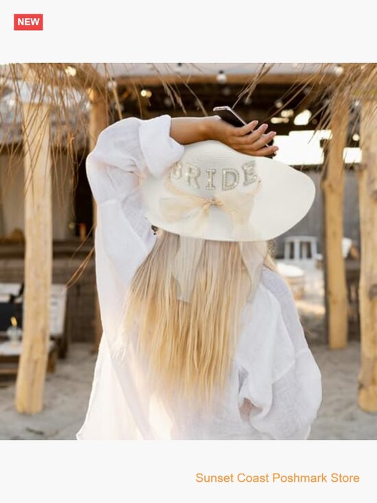 Women\'s Straw Wide Brim Sun Hat with Pearl Letter Patch for Bridal Wedding main image 4